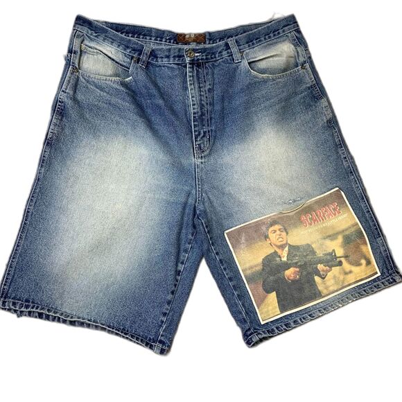 Mens Members Property Y2K Baggy Grunge Jean Shorts Hip Hop Scarface Patch Wide‎ - Picture 1 of 12